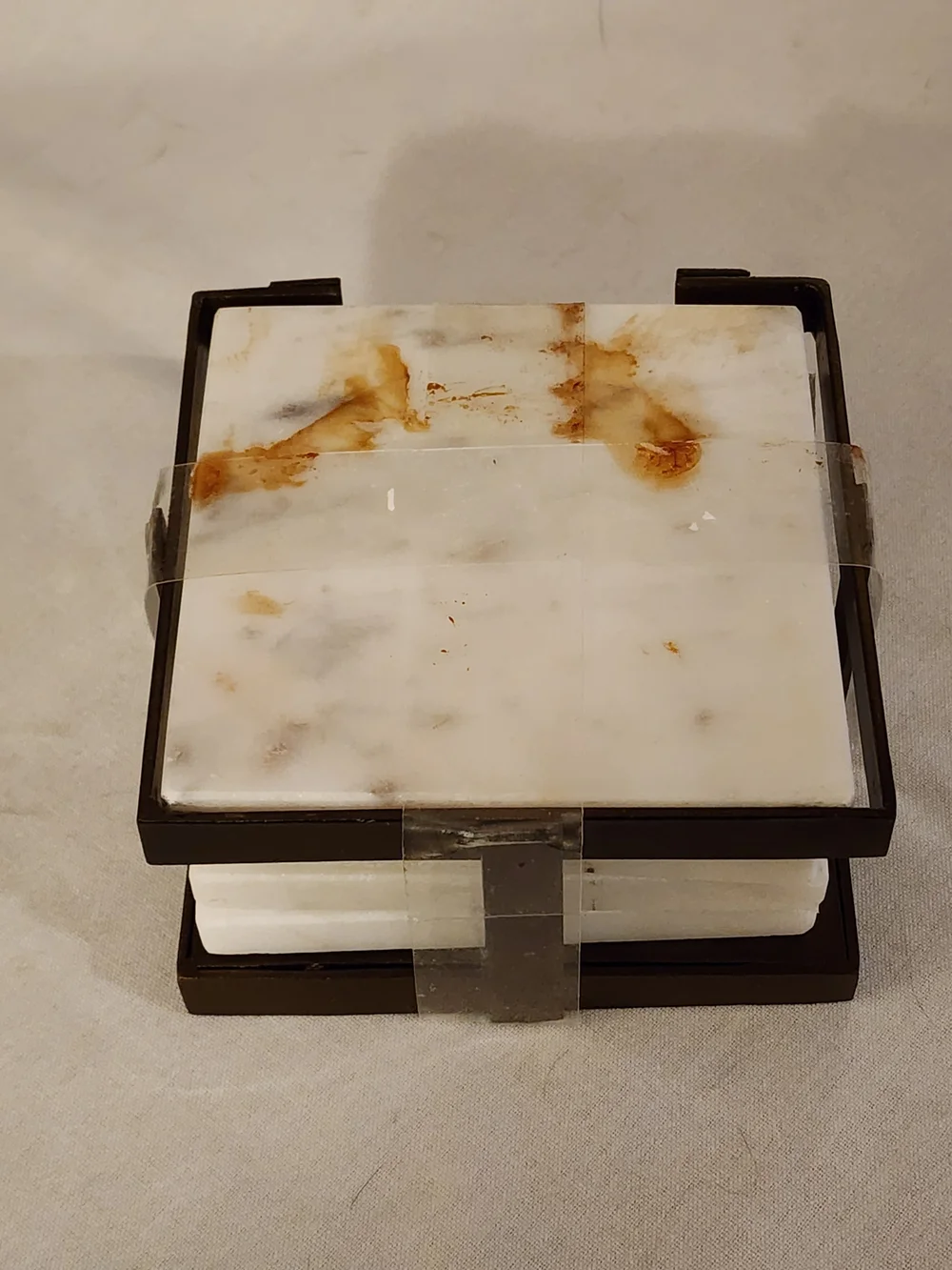 White Marble Coaster Set (4) with Brown Holder
